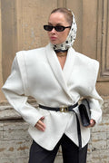 White Wool Thickened Belted Collared Mid-Coat image 1