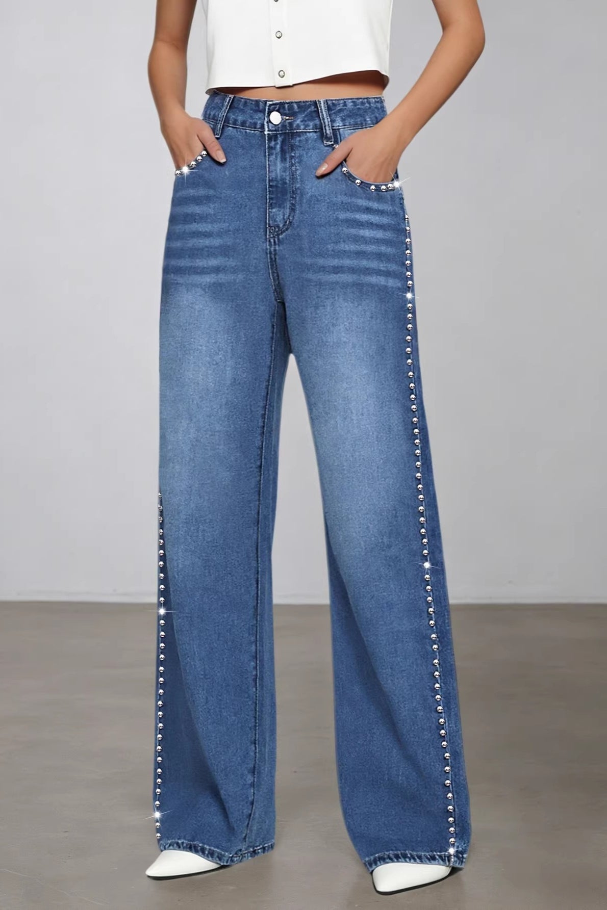 Washed Beaded High Waist Straight Leg Jeans image 1