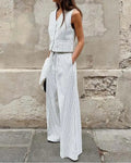 White Print V-Neck Sleeveless Trousers Office Two Piece Set image 1