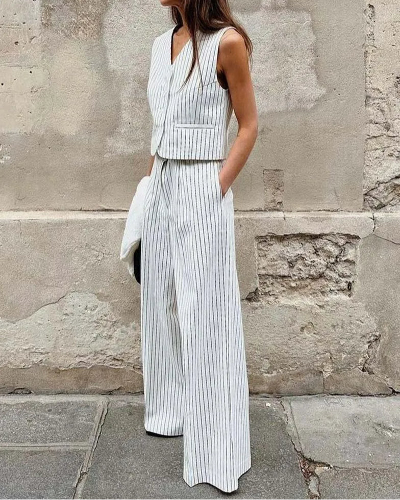 White Print V-Neck Sleeveless Trousers Office Two Piece Set image 1