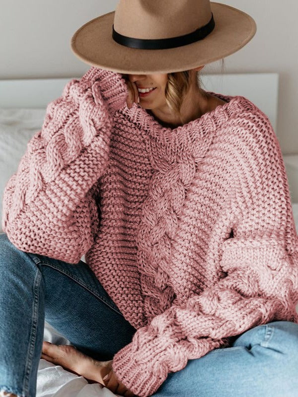 Casual Solid Color V-neck Cable Knit Sweater image 4