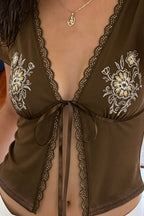 Casual Floral Lace Tie Short Sleeve Blouse image 6