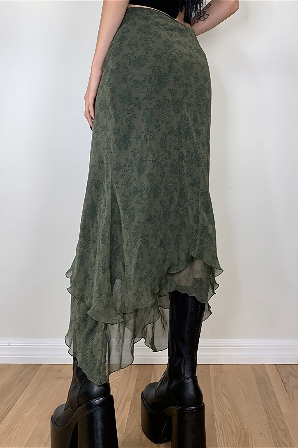 Floral Green Chiffon Irregular Maxi Skirt image 3