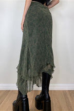 Floral Green Chiffon Irregular Maxi Skirt image 3