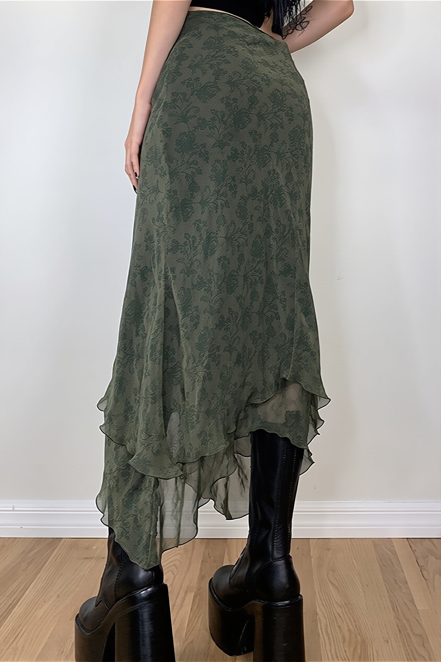 Floral Green Chiffon Irregular Maxi Skirt image 3