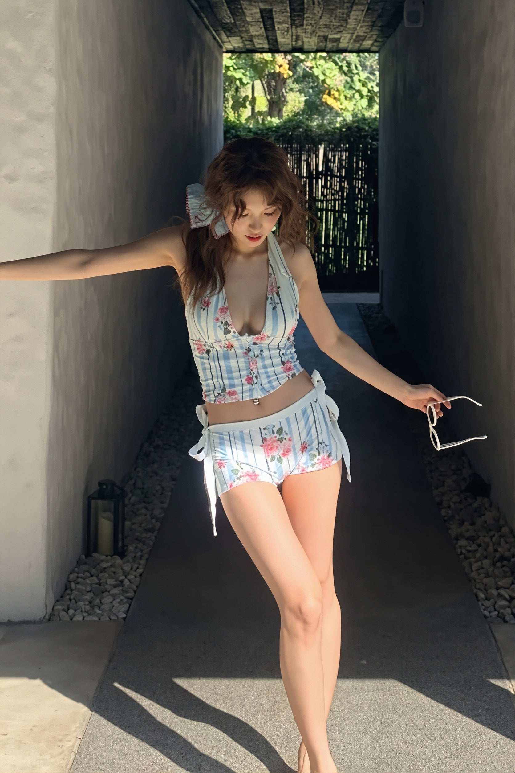 Striped Floral Halter Two Piece Swim Set image 3