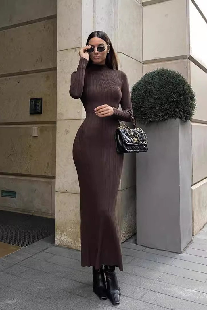 Elegant High Neck Striped Sweater Dress image 1