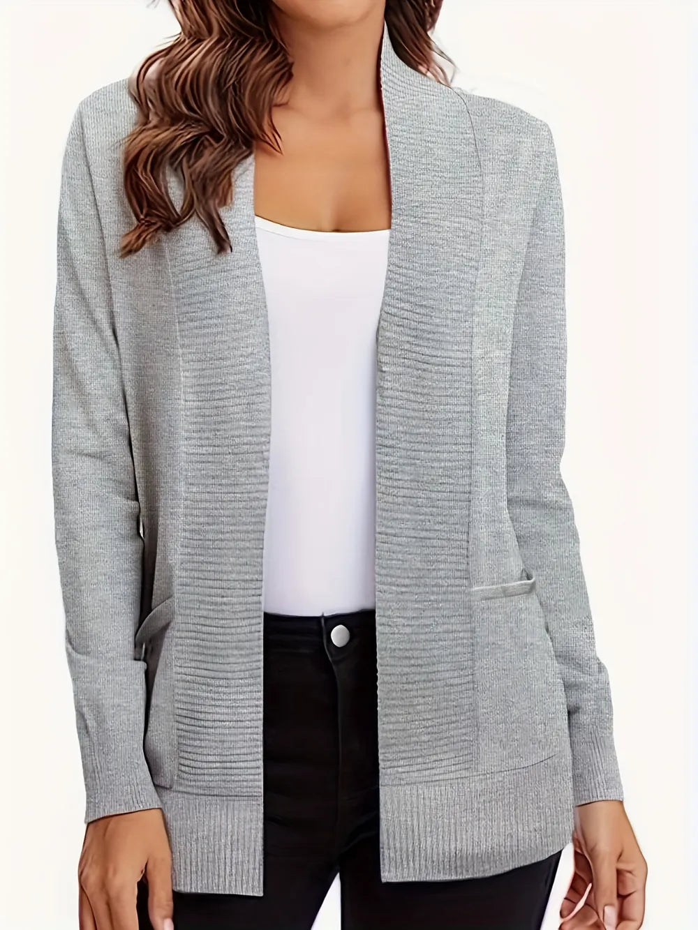 Anya Open Cardigan detail view styled for Avrienne
