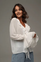 Solid V-Neck Ruffled Flare Sleeve Blouse image 6