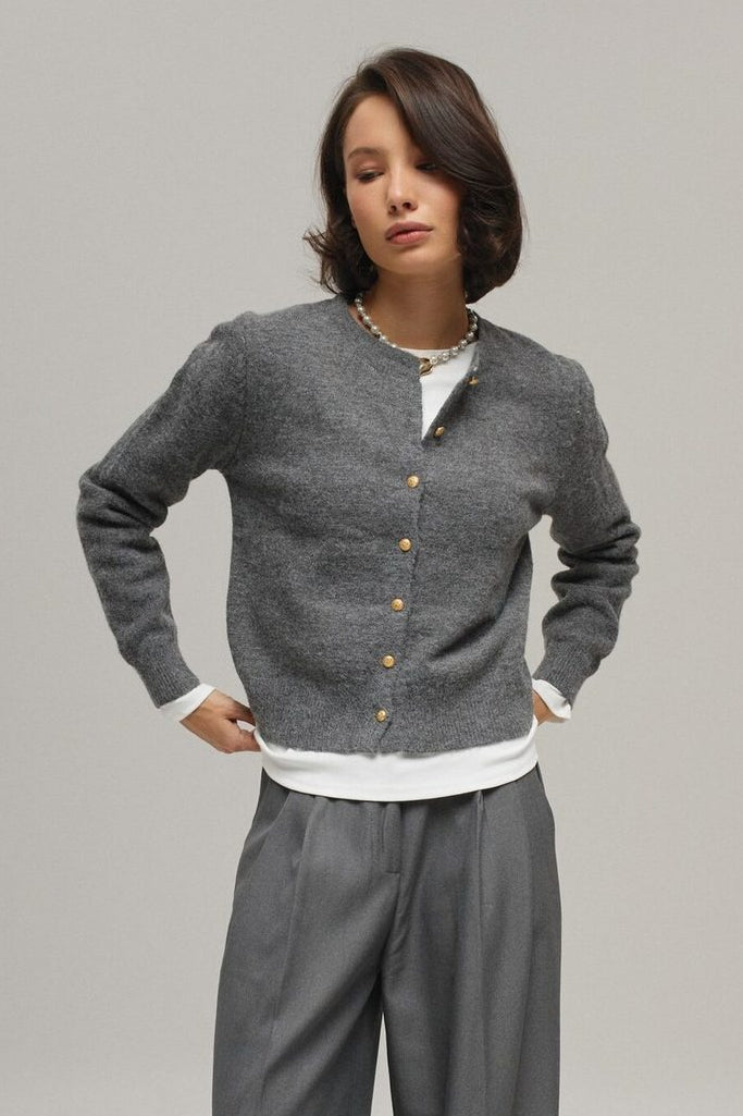 Minimalist Knitted Gold Buckle Crew Neck Cardigan image 3