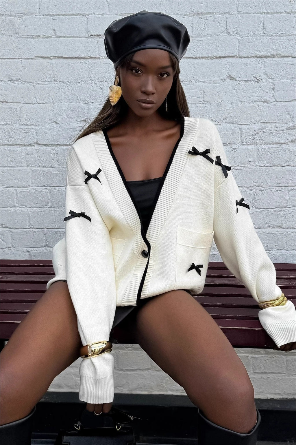 V Neck Bow Color Block Long Sleeve Knit Cardigan image 1