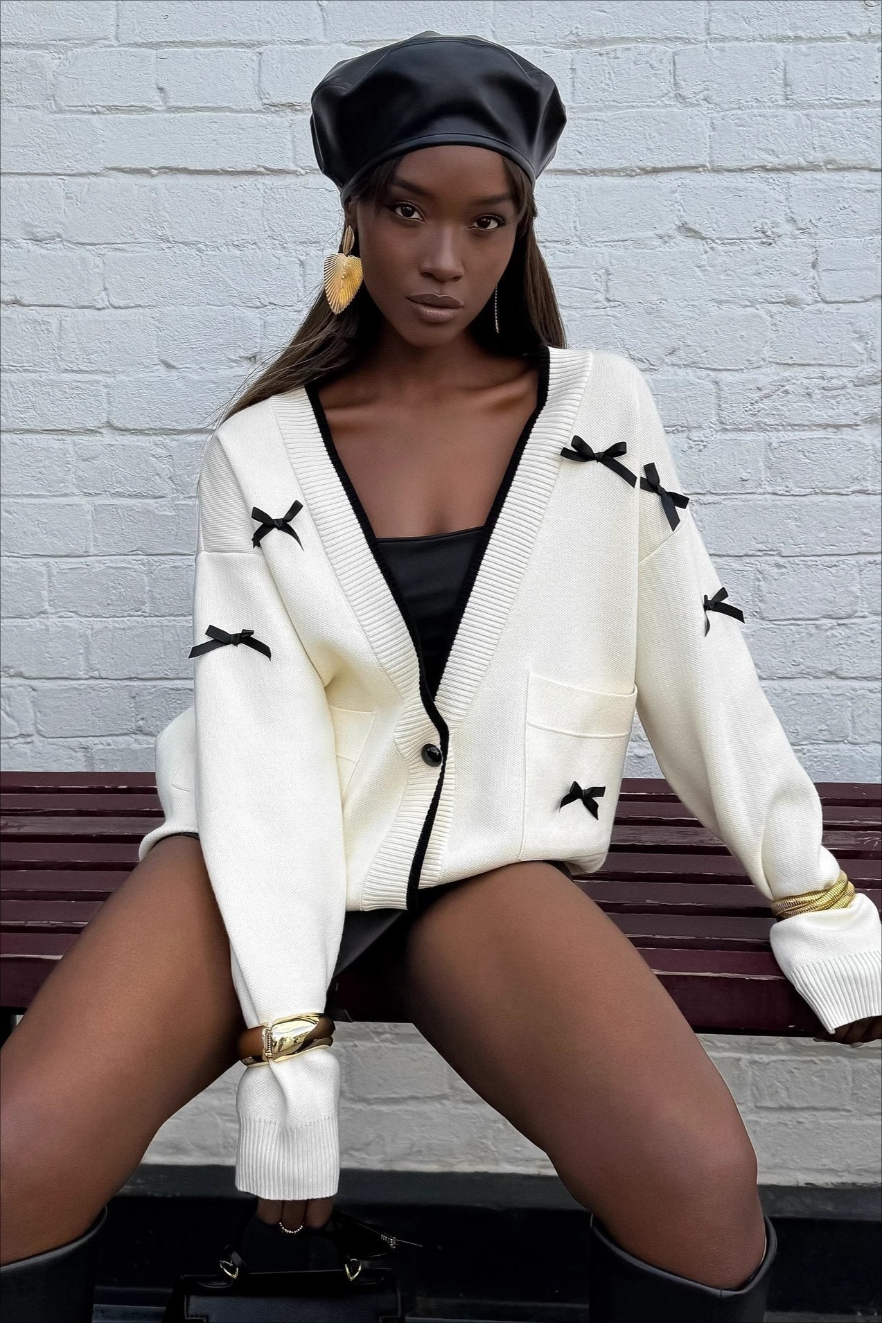 V Neck Bow Color Block Long Sleeve Knit Cardigan image 1