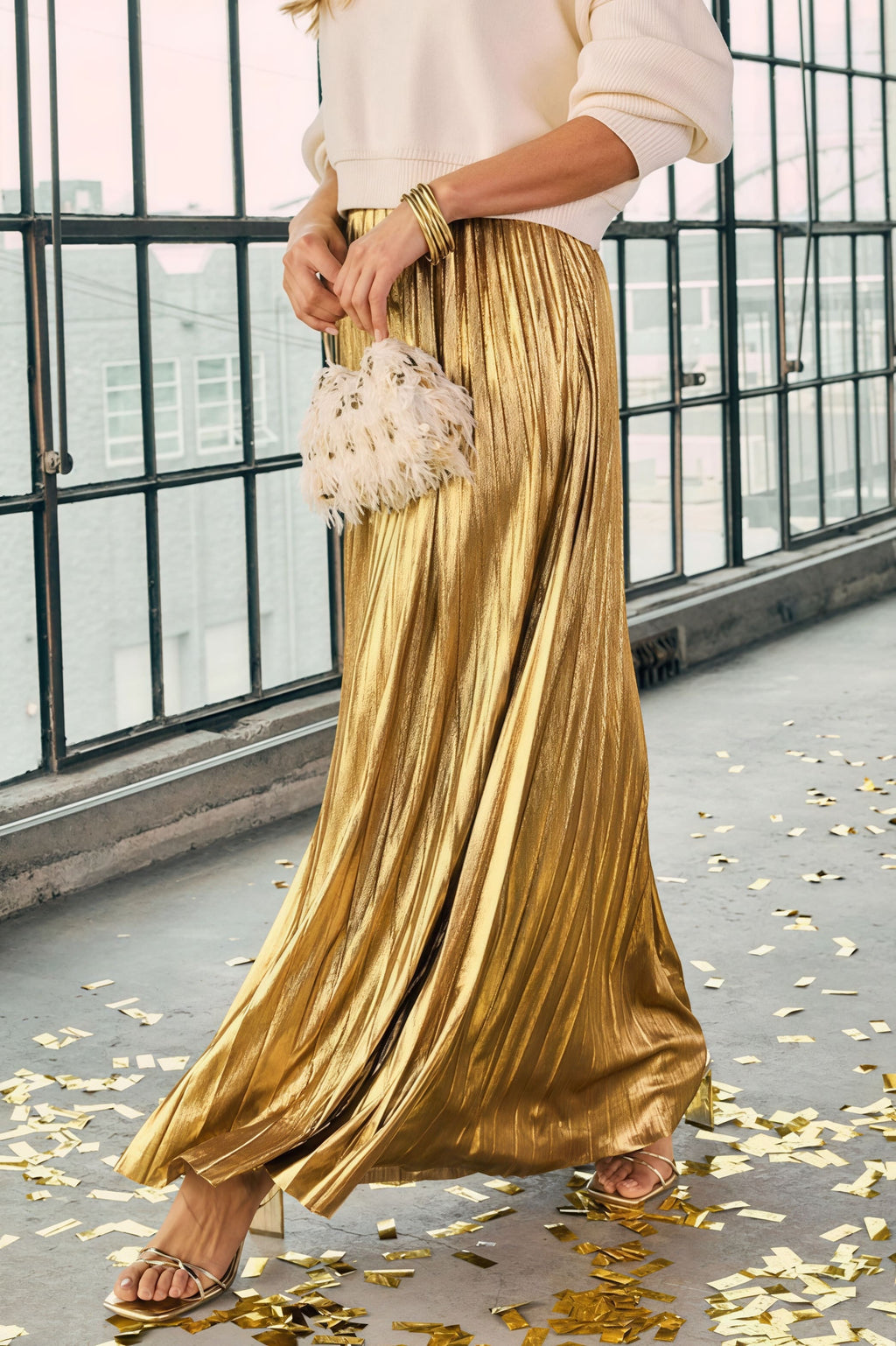 Gold Silver Pleated High Waist Skirt image 4