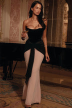 Ruched Ribbon Tie High Waist Bodycon Color Block Tube Top Maxi Dress image 1