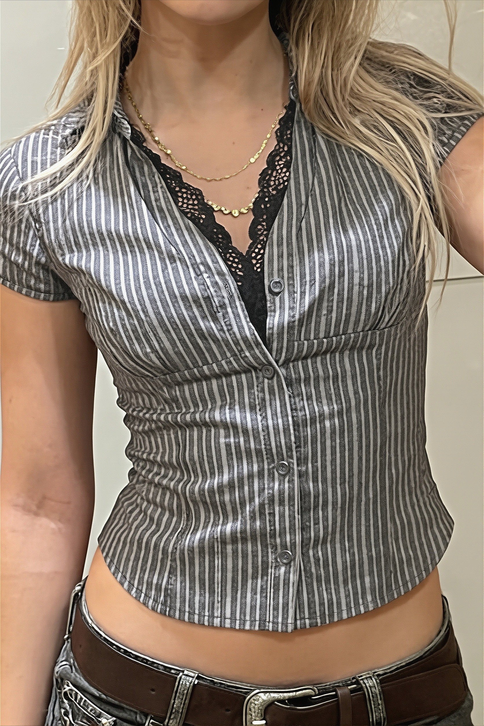 Casual Slim Lace Striped V Neck Blouse image 3