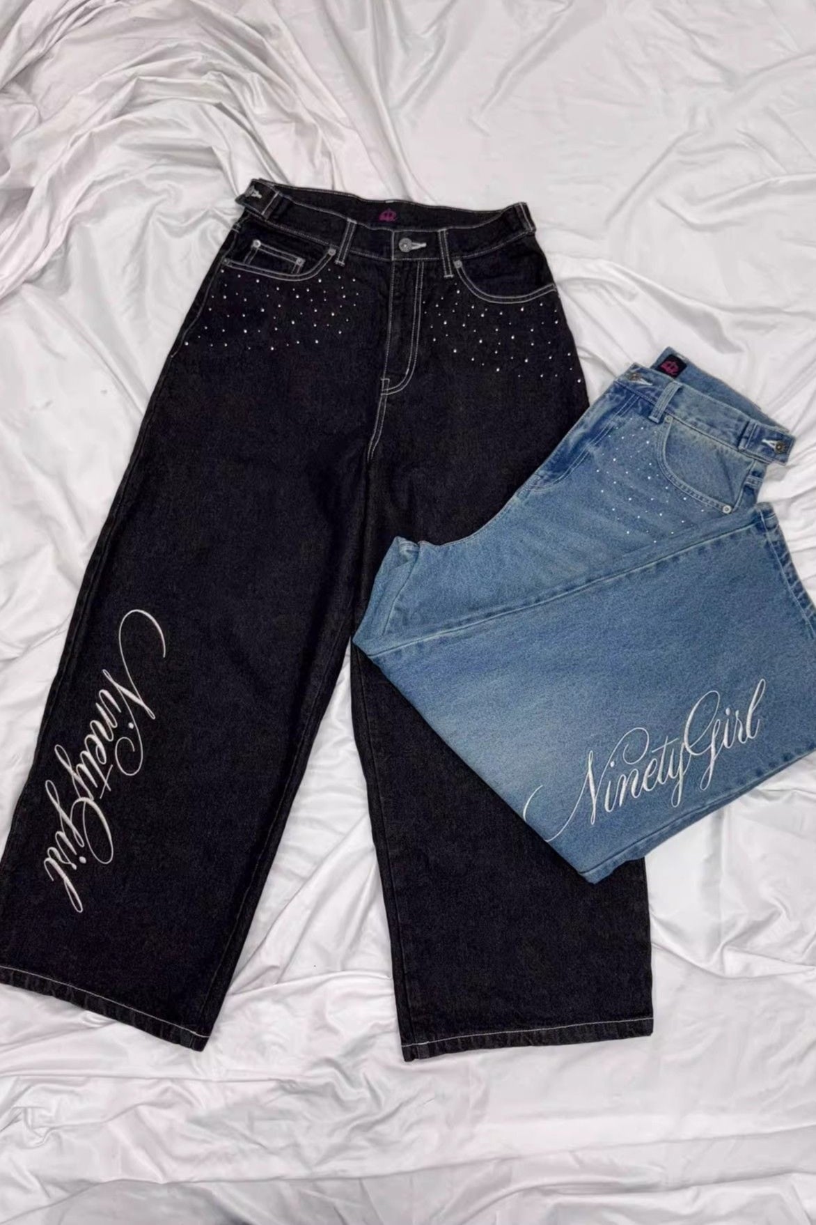 Angel Wing Embroidery Rhinestone Straight Jeans image 4