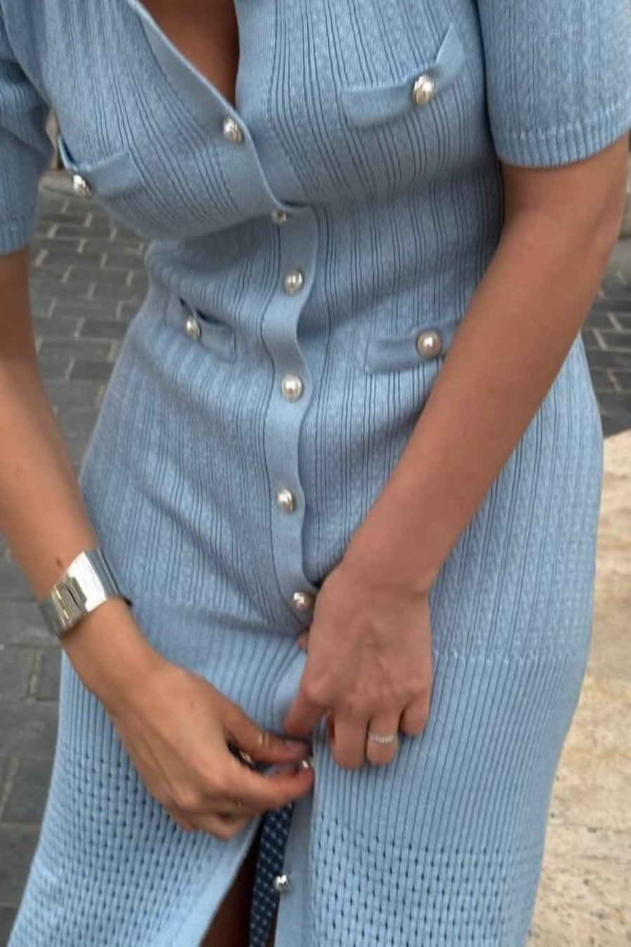 Single Breasted V Neck Knitted Slit Peter Pan Collar Midi Dress image 5