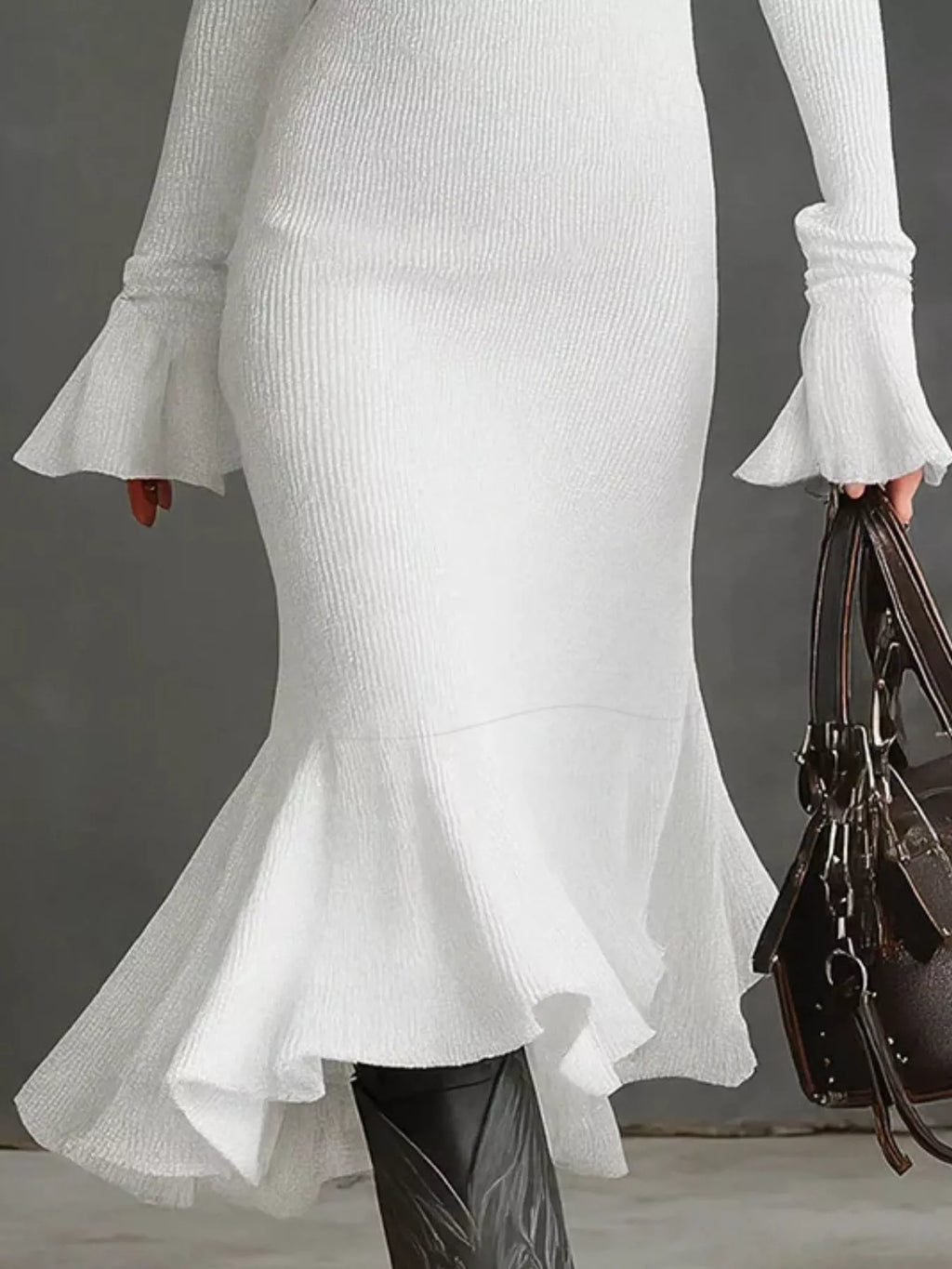 Valeria Ribbed Midi Dress detail view styled for Avrienne