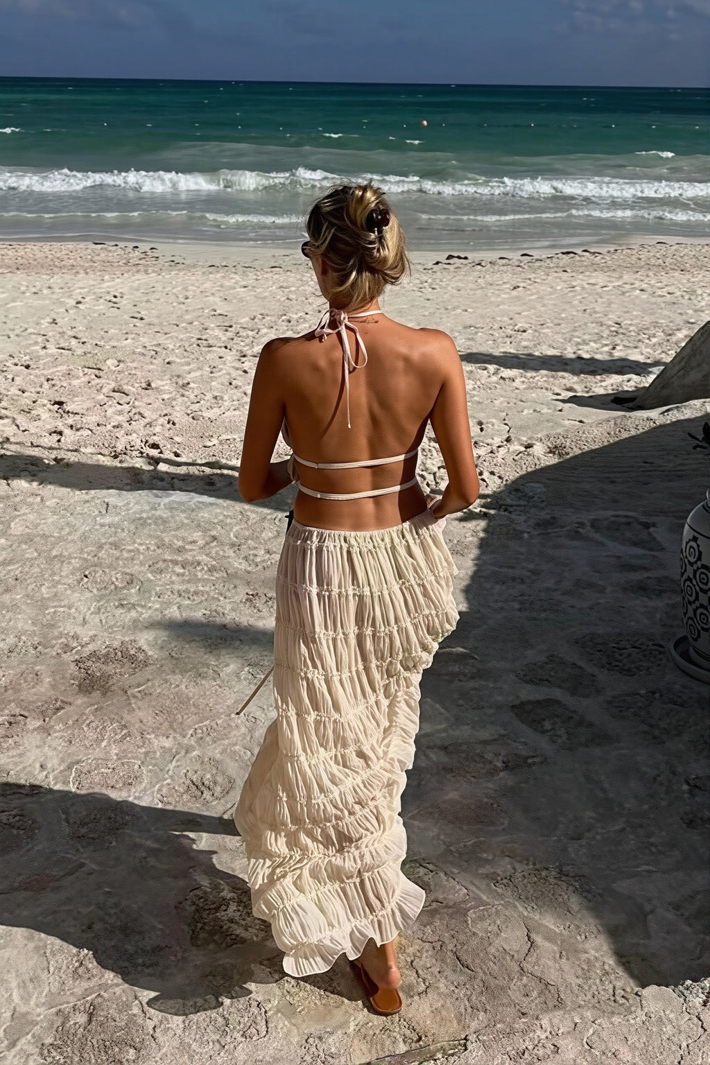 Sexy Lace Trim Halter Open Back Ruched Skirt Sets image 2