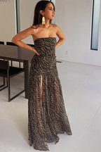Sexy Leopard Mesh Cutout Strapless Maxi Dress image 2