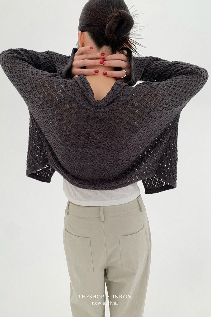 Hollow-Out Collared Tie-Waist Long-Sleeve Short Knit Cardigan image 4