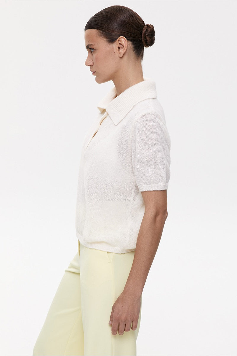 Minimalist Polo Hollow Knit Puff Sleeve Blouse image 11