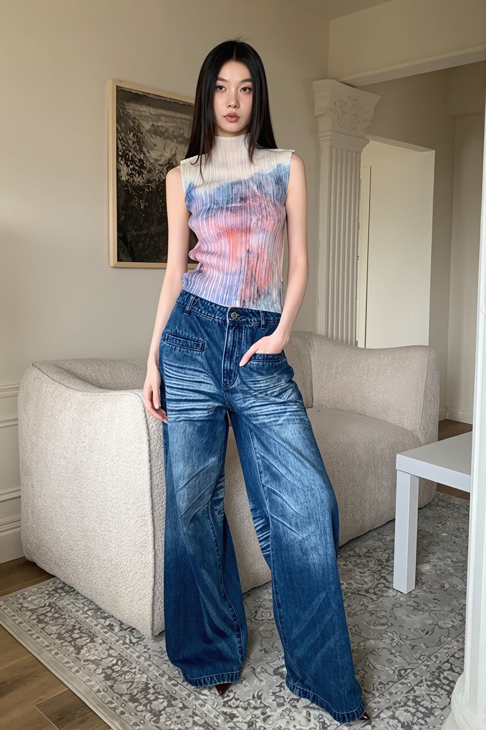 Gradient Color Mock Neck Sleeveless Pleated Casual Blouse image 2