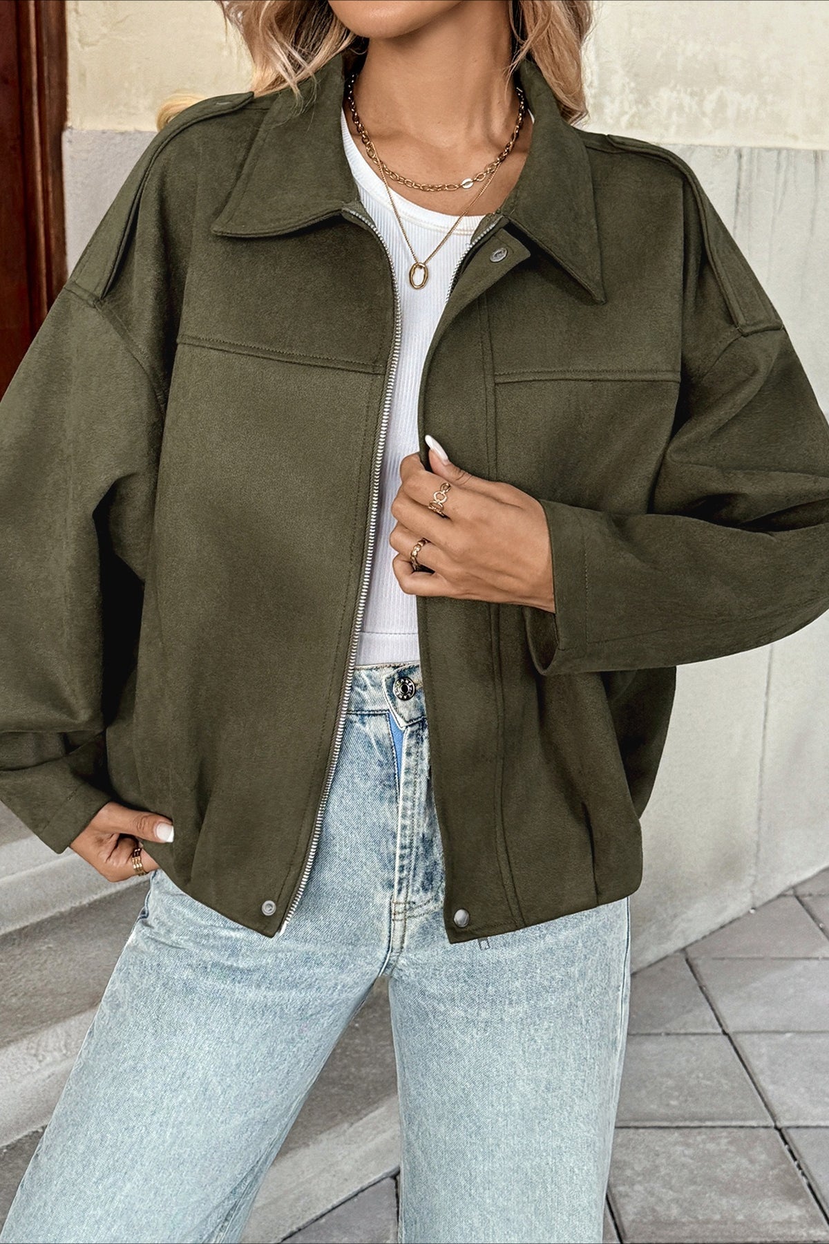 Lapel Collar Suede-Look Bomber Jacket image 2
