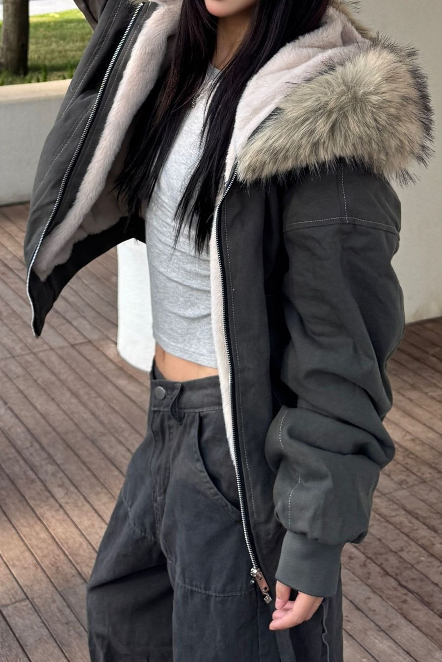 Black Short Puffer Fur Collar Jacket image 7