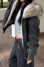 Black Short Puffer Fur Collar Jacket image 7