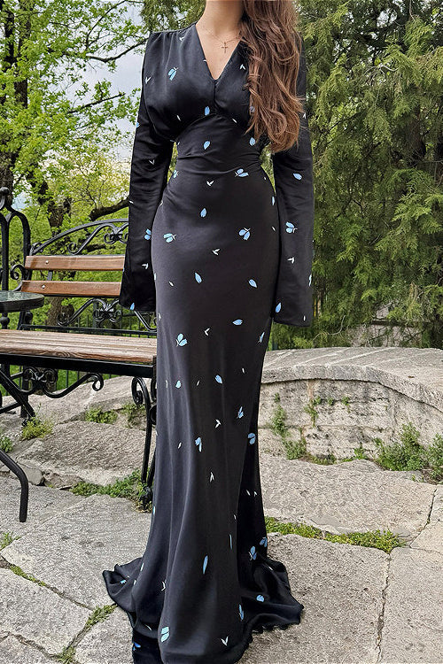 Satin V Neck Long Sleeve Tie Waist Elegant Maxi Floral Dress image 4