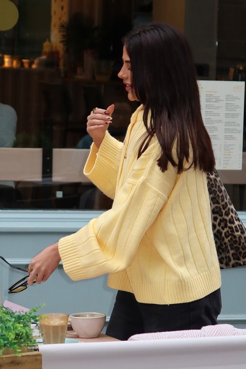 Yellow Ribbed Round Neck Knit Cardigan image 7