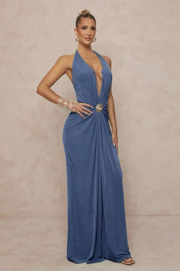 Deep V Halter Ruched Metal Trim Backless Maxi Dress image 13