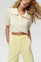 Minimalist Polo Hollow Knit Puff Sleeve Blouse image 2