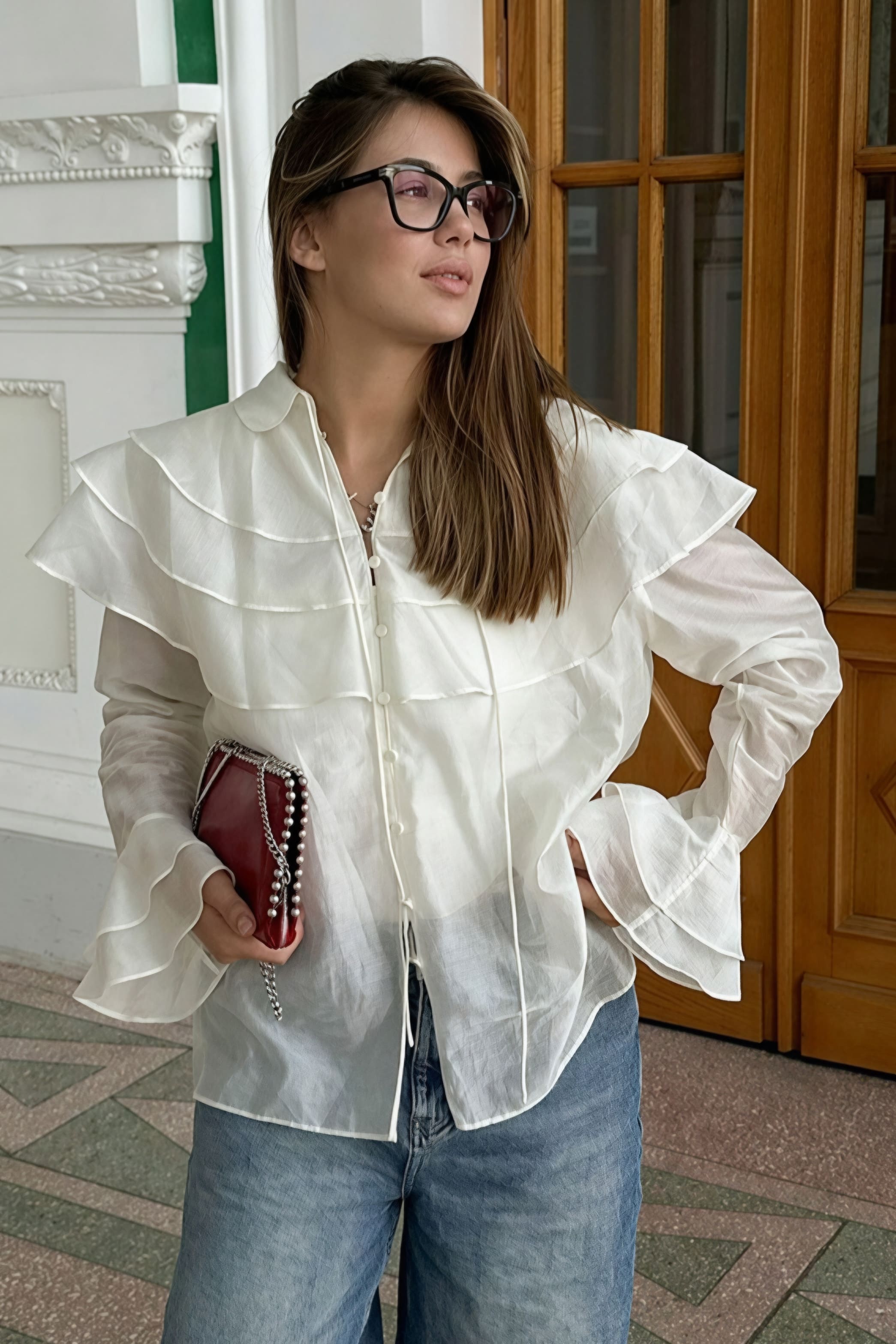 Ruffled Flare Sleeve Tencel Chiffon Blouse image 1