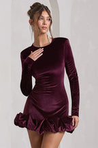 Luxe Velvet Crew Neck Pleated Long Sleeve Mini Dress image 1