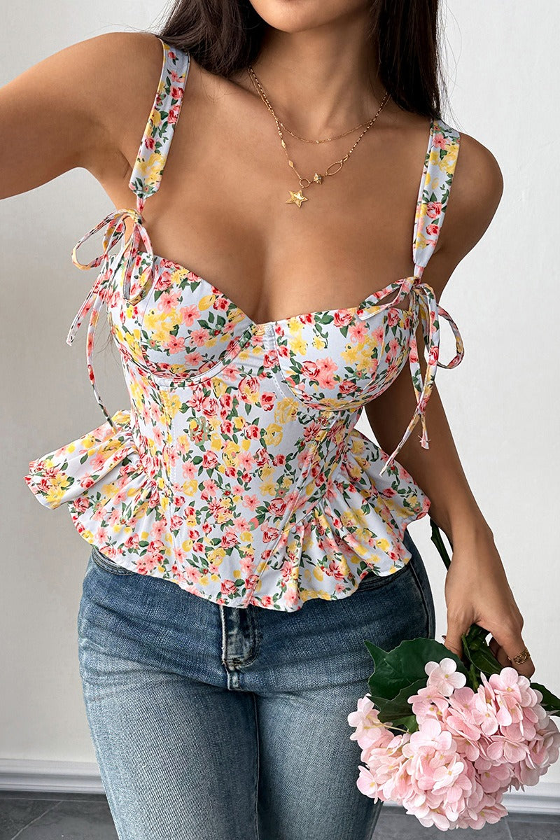 Floral Tie Adjustable Boned Ruffled Tank Top image 6