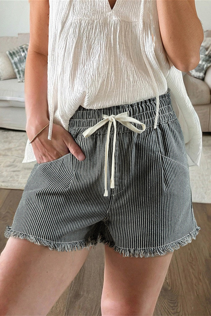 Striped Raw Hem Denim Shorts image 5