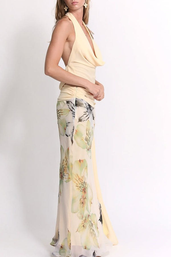 Sexy Backless Halter Top Slim Printed Maxi Skirt Set image 7