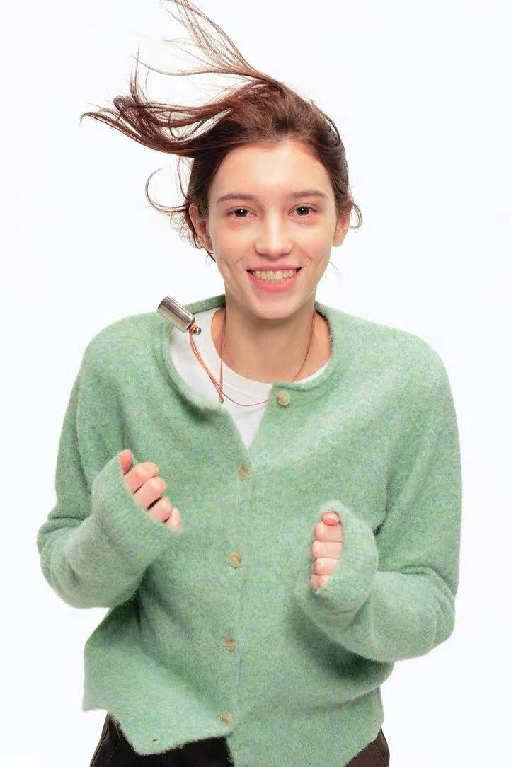 Green Wool Blend Crew Neck Knit Cardigan image 1