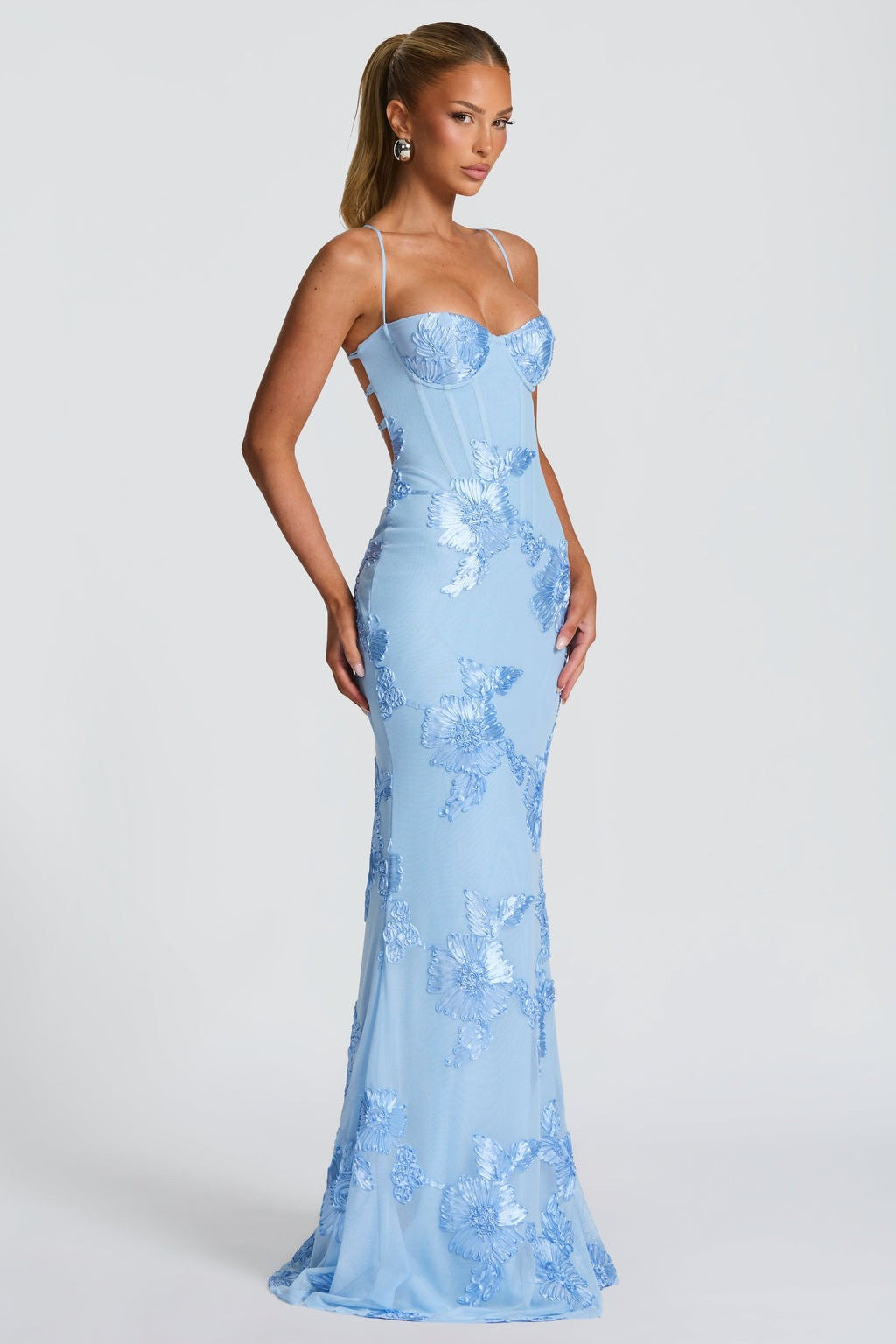3D Applique Bone Pad Tie Back Solid Prom Dress image 11