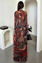 Round Neck Printed Waist Tie High Slit Maxi Dress image 2