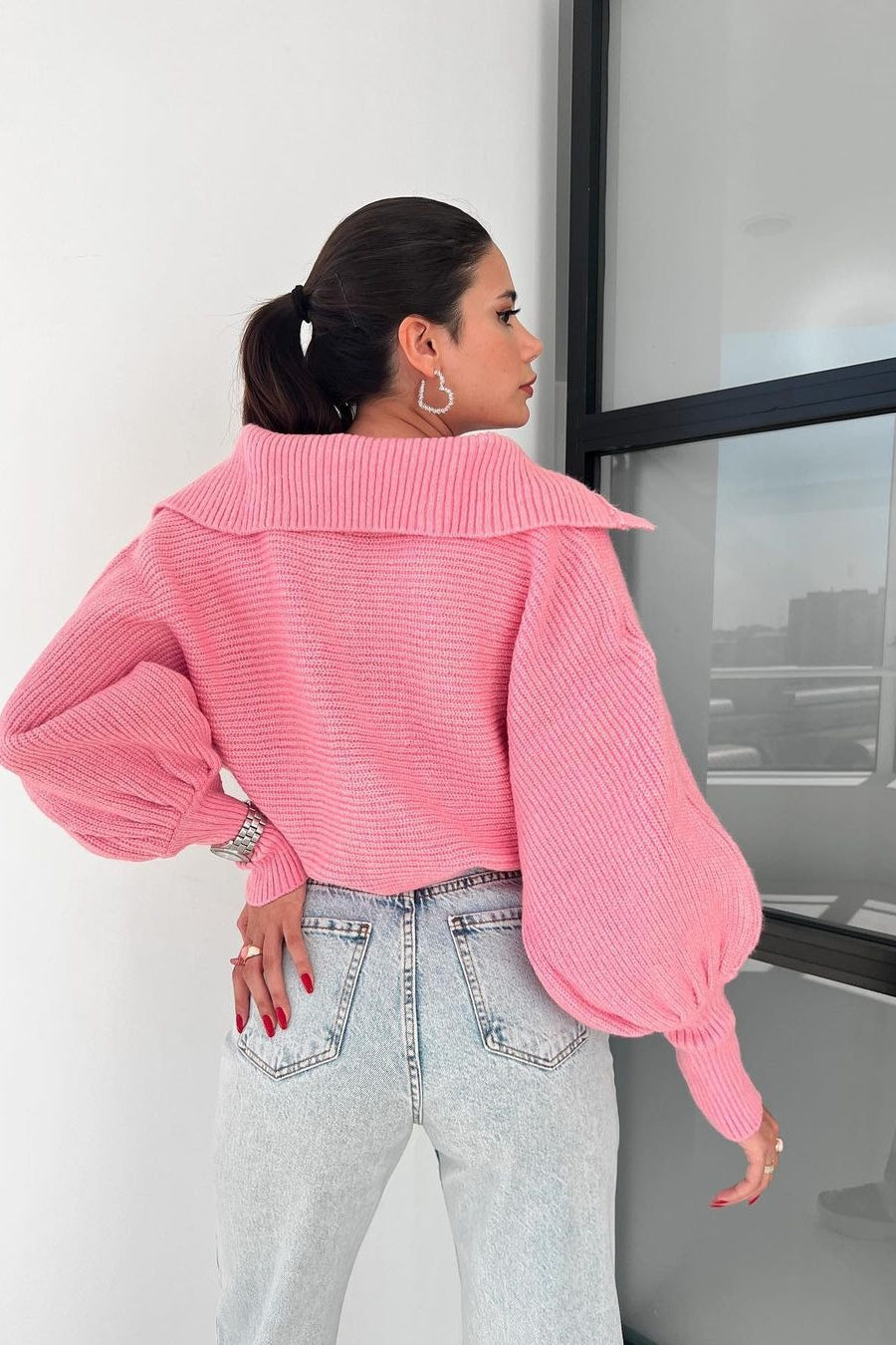 Lantern Sleeve Open Collar Knit Sweater image 23
