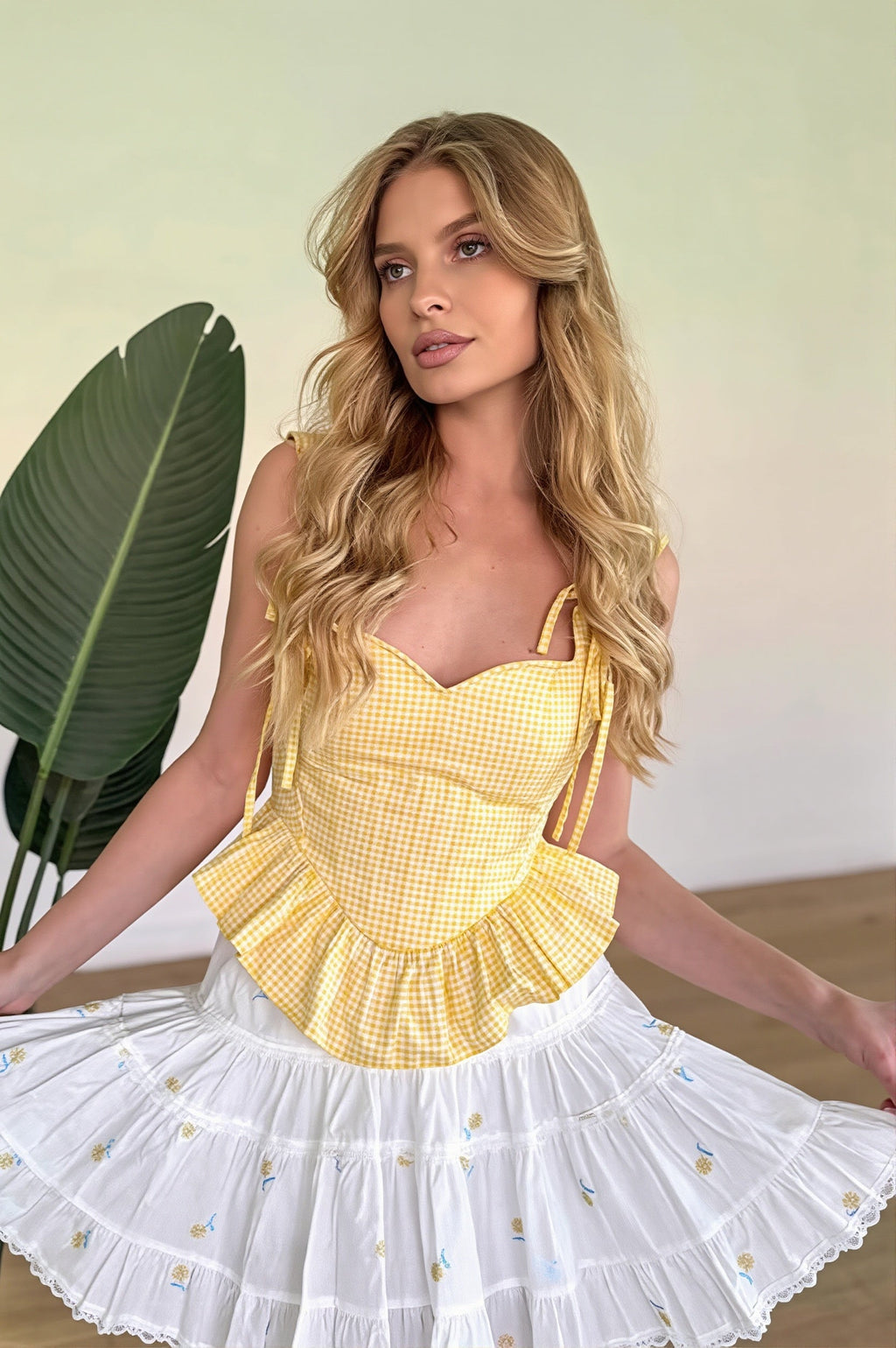Chic Gingham Ruffle Lace Up Waist Cinch Cami Top image 3