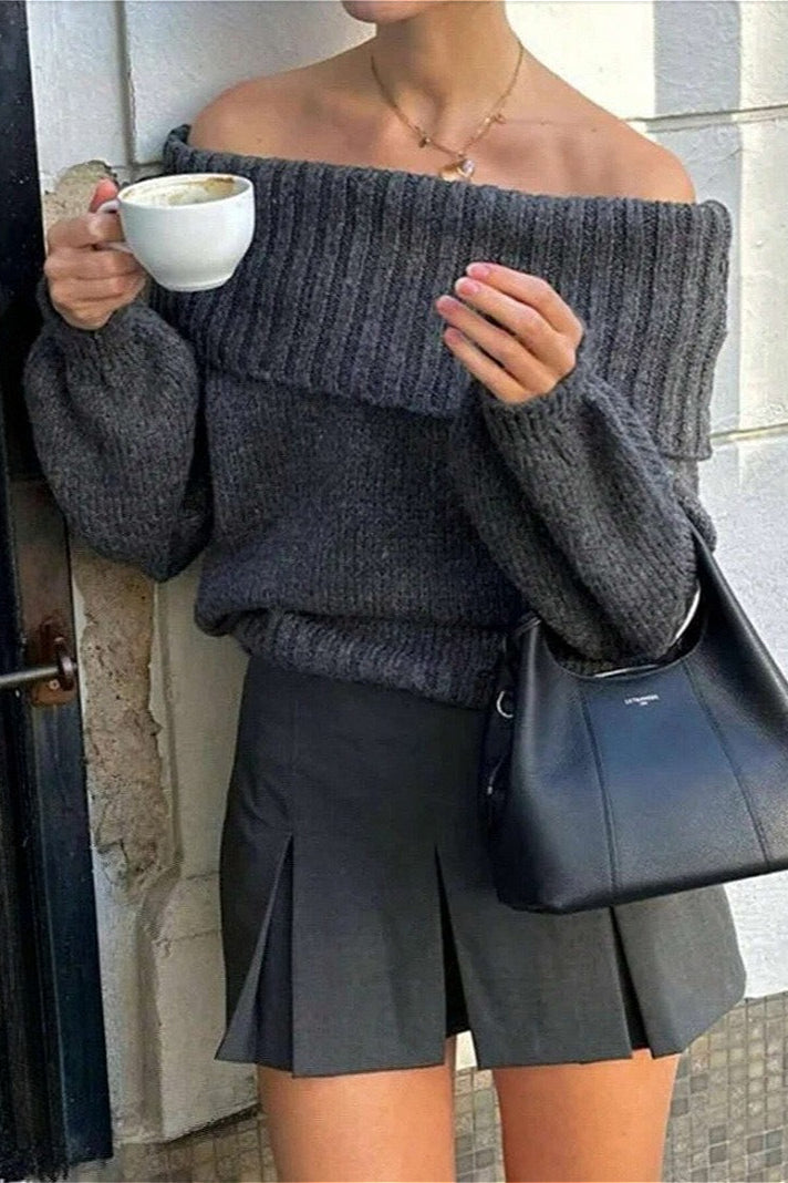 Vintage Off-Shoulder Fitted Long Sleeve Sweater image 1