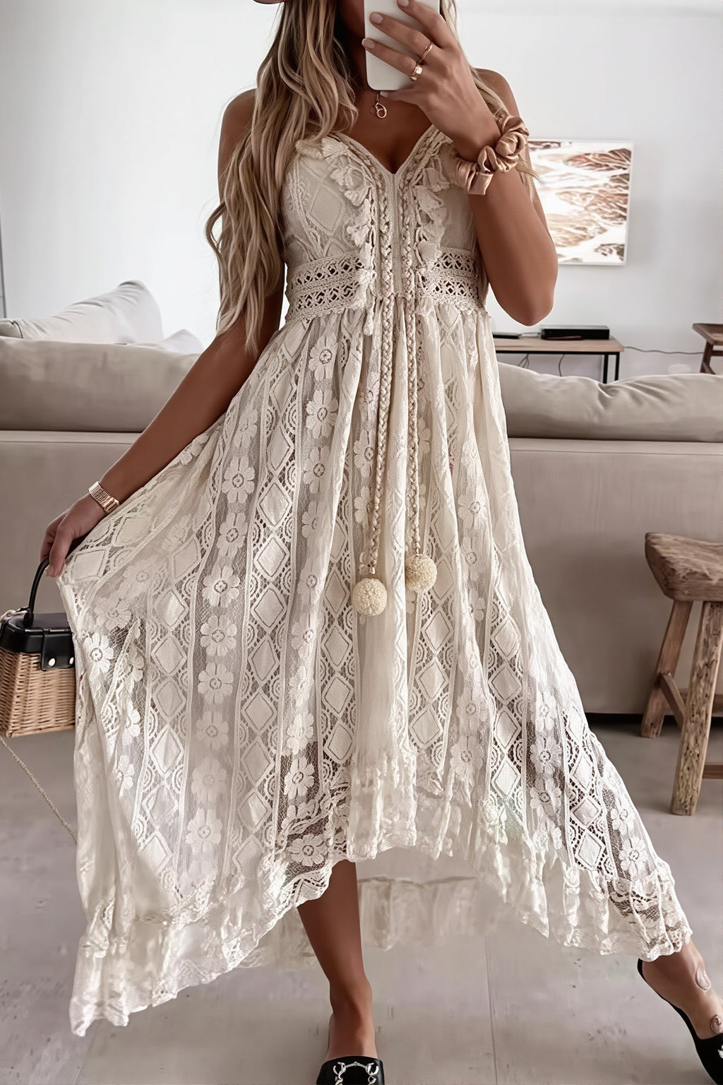 Lace Cami Solid Swing Long Boho Dress image 3