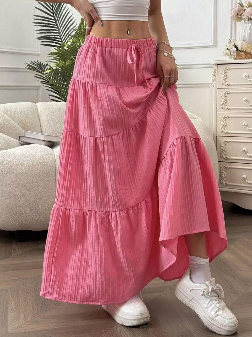 Capri Tiered Maxi Skirt detail view styled for Avrienne