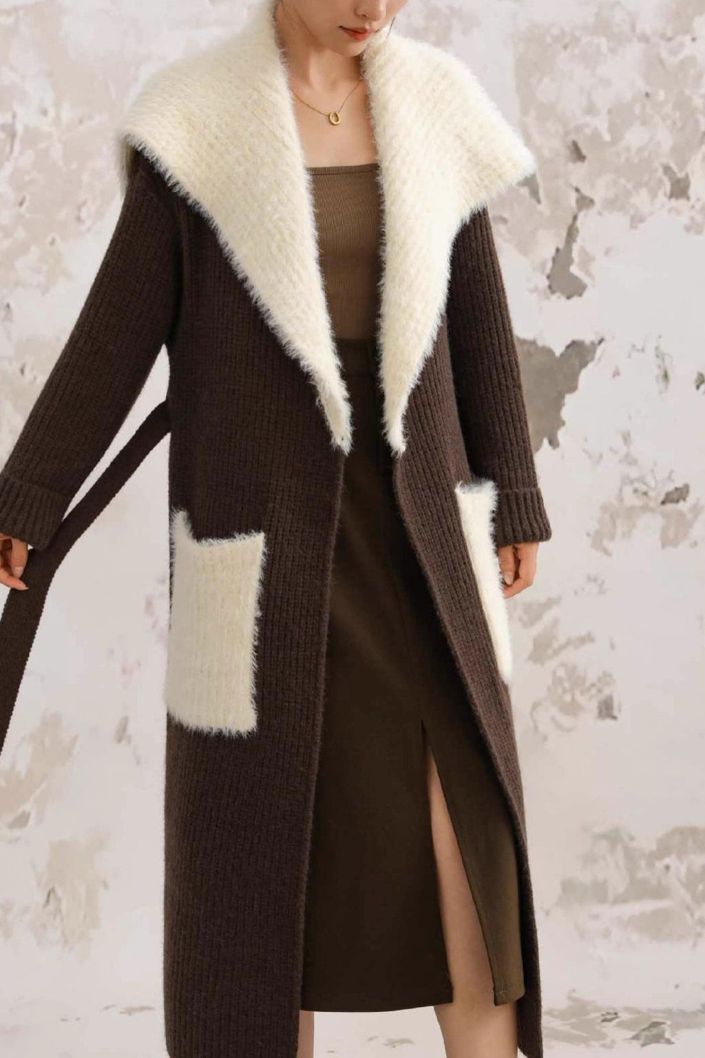 Faux Fur Collar Long Patchwork Loose Knit Overcoat image 4