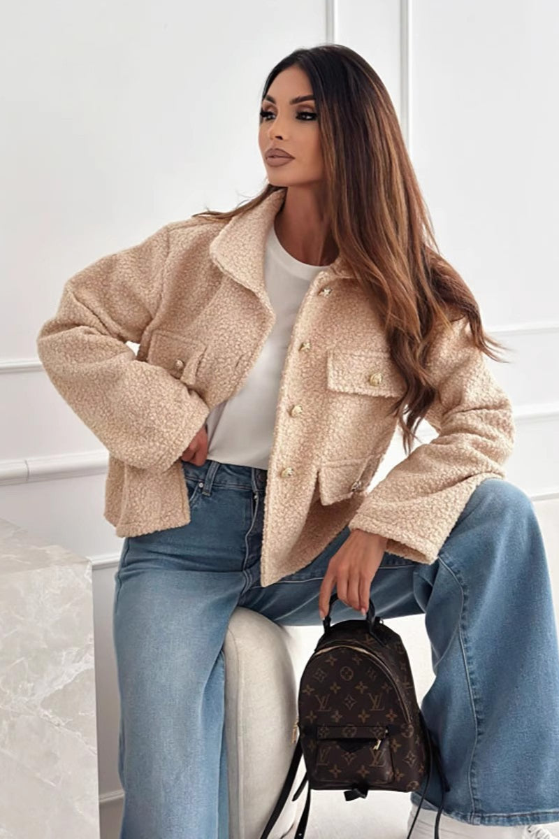 Lapel Button Sherpa Long Sleeve Coat image 4