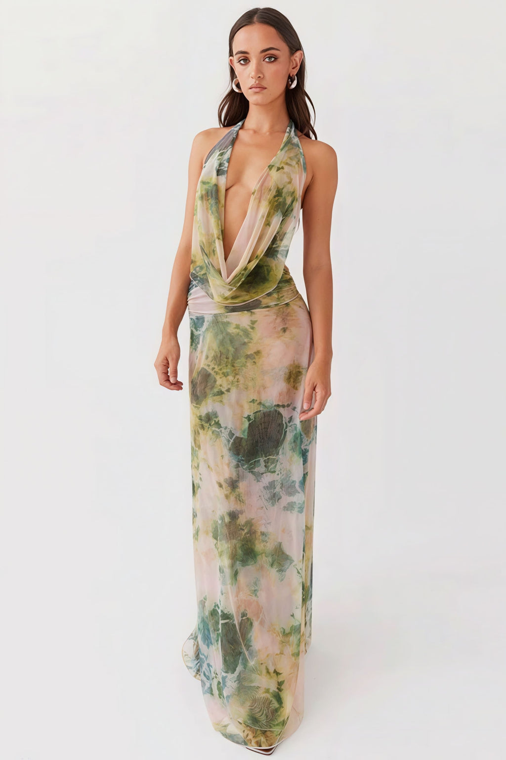 Watercolor Print Deep V Cowl Neck Backless Cami Ruched Maxi Dress image 7